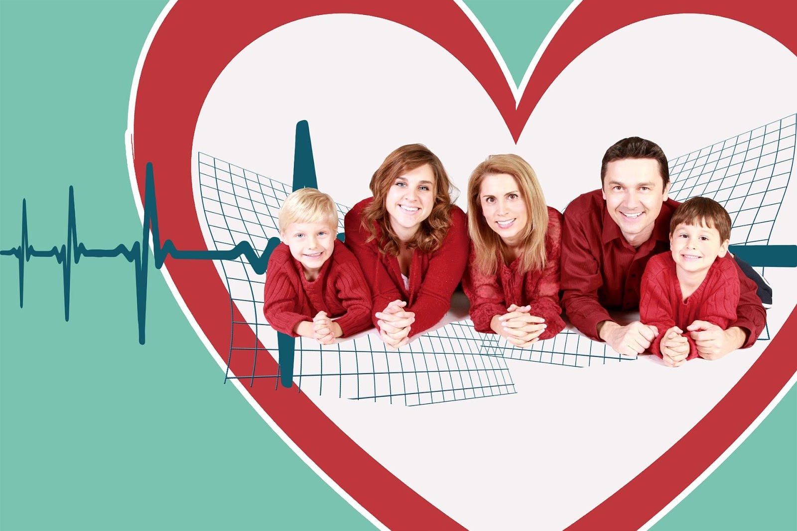 family of 5 wearing red clothes laying on their stomachs on a heart background